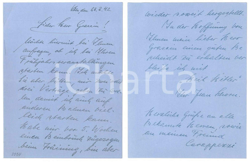 Autografo originale 1942 CICLISMO KOELN Lettera ciclista Jean SCHORN per gara in Italia  AUTOGRAFO 1