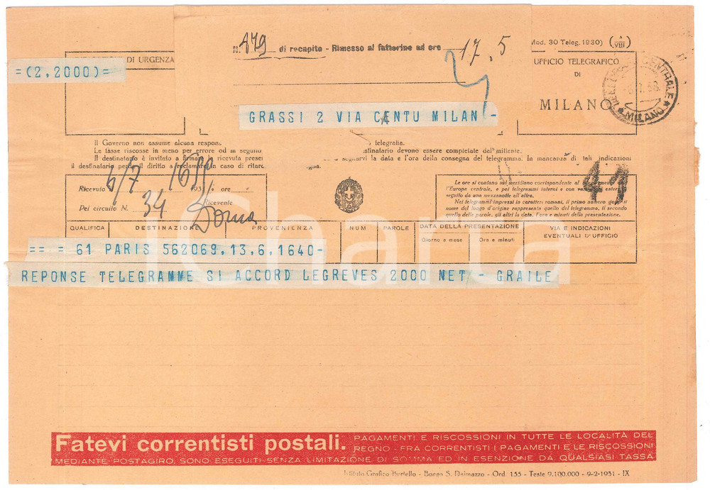 Documento originale, autentico 1938 PARIS CICLISMO Telegramma manager Roger GRAILE per ingaggio RenÃ© LE GREVES 1