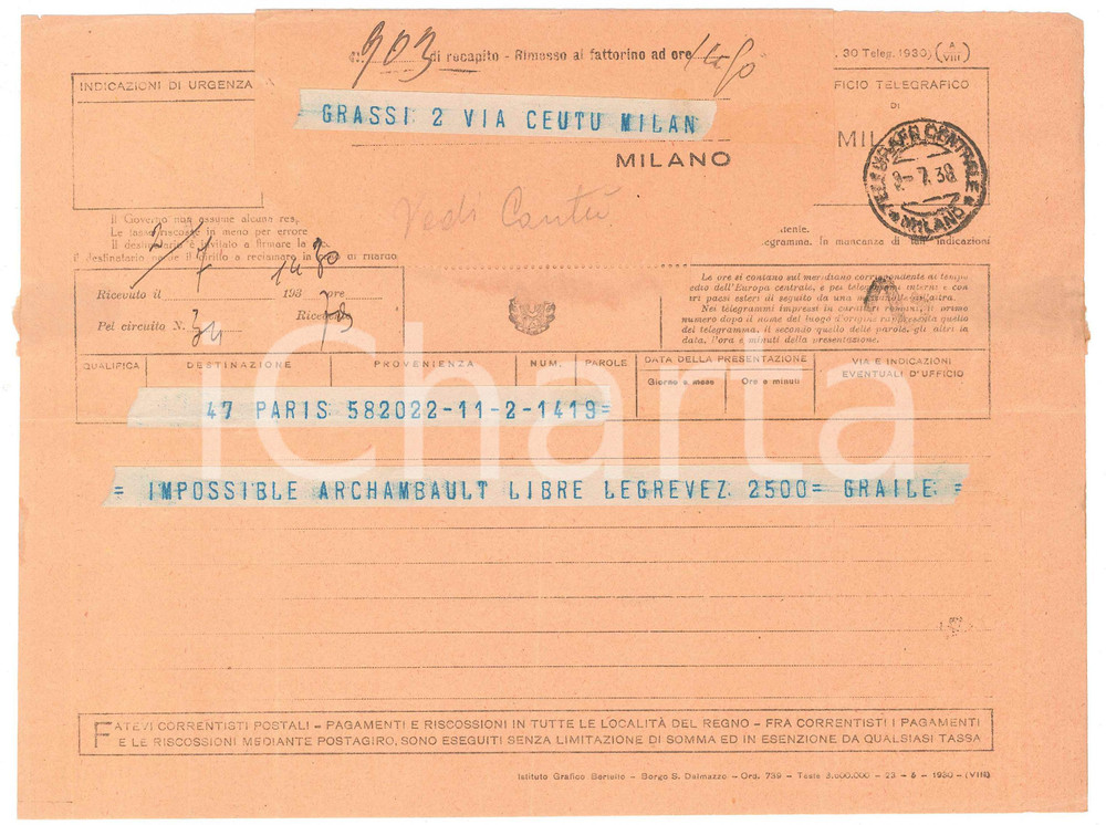 Documento originale, autentico 1938 PARIS CICLISMO Telegramma manager Roger GRAILE per ingaggio corridori 1