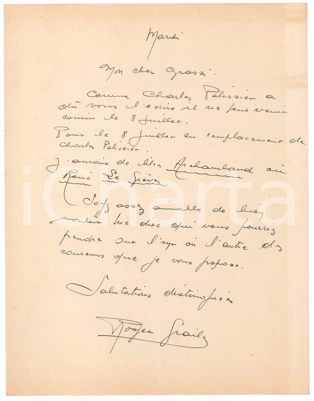 Autografo originale 1938 PARIS CICLISMO Roger GRAILE propone corridori per gare in Italia AUTOGRAFO 1