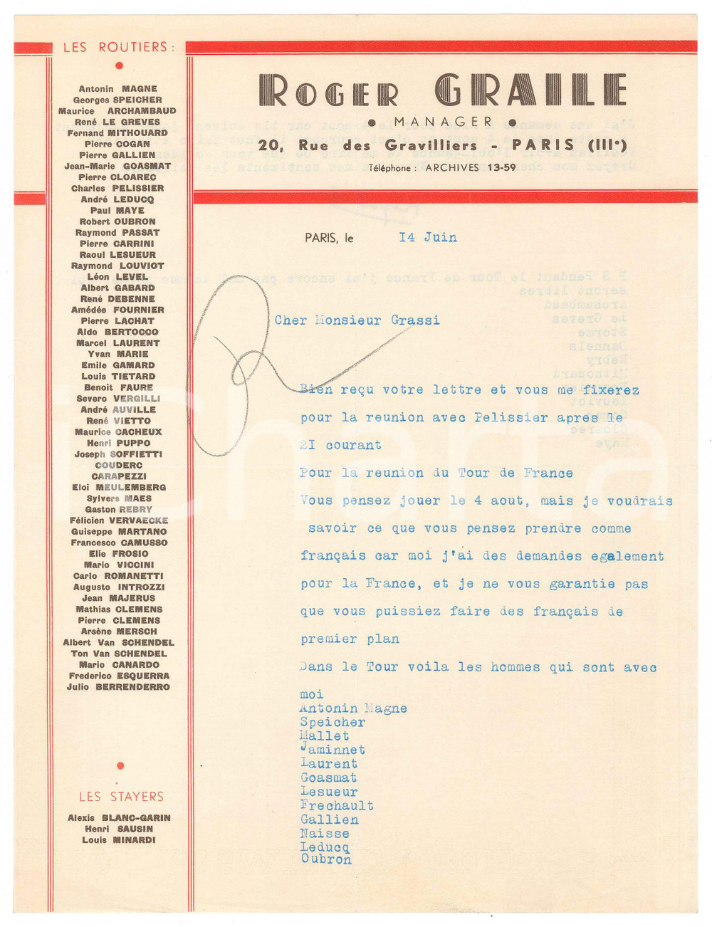 Autografo originale 1938 PARIS CICLISMO Roger GRAILE su ingaggio VERVAECKE inelegante   AUTOGRAFO 1