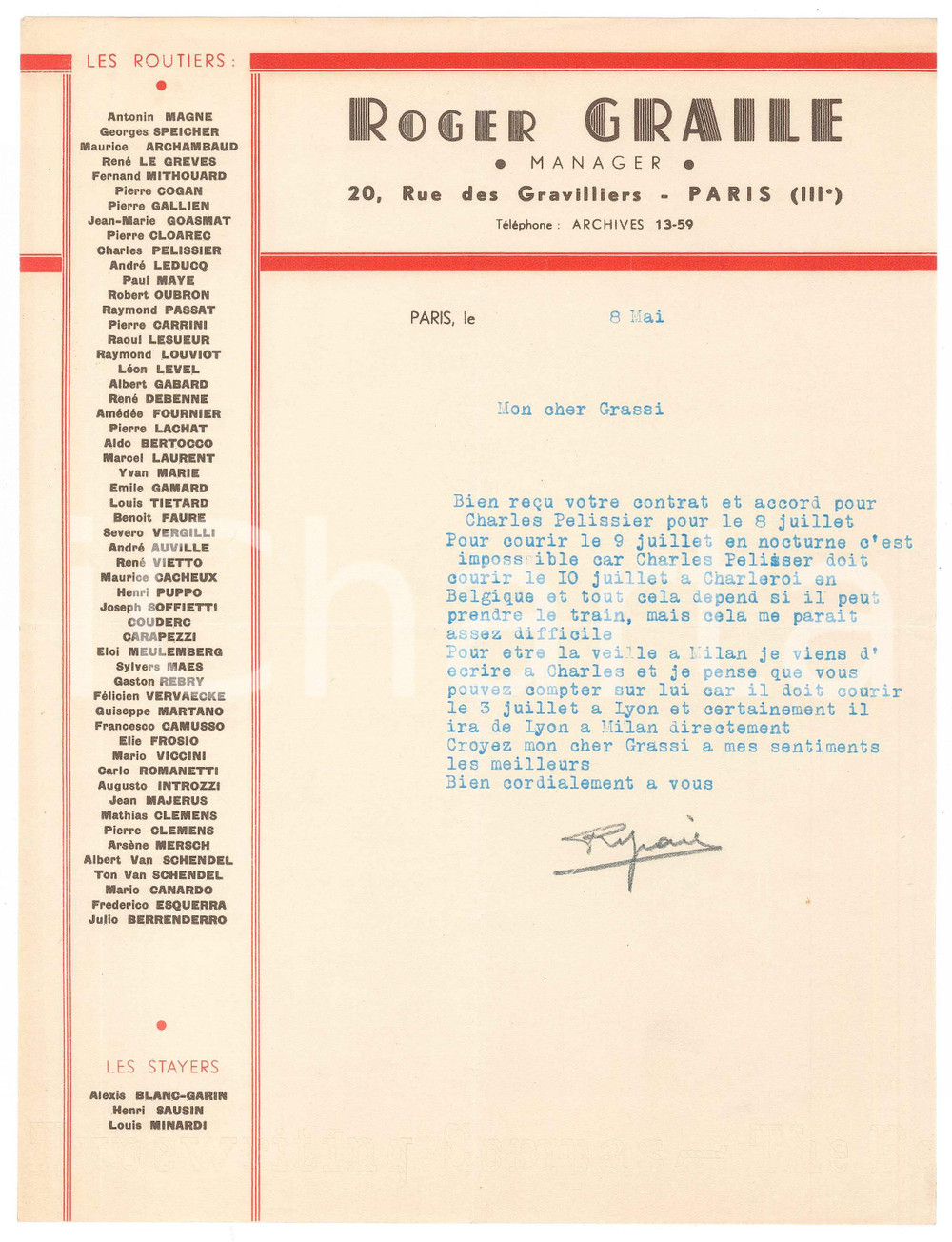 Autografo originale 1938 PARIS CICLISMO Lettera Roger GRAILE per gara Charles PELISSIER  AUTOGRAFO 1