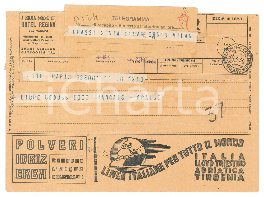 Documento originale, autentico 1938 PARIS CICLISMO Telegramma manager Roger GRAILE per AndrÃ© LEDUCQ 1