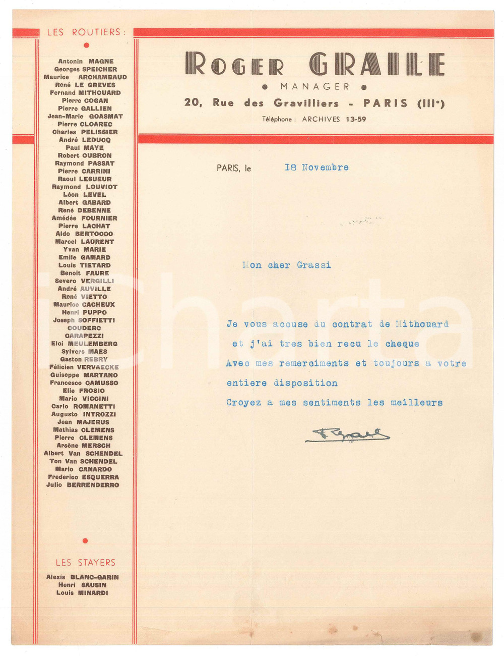 Autografo originale 1938 PARIS CICLISMO Lettera Roger GRAILE per ricevuta AUTOGRAFO 1