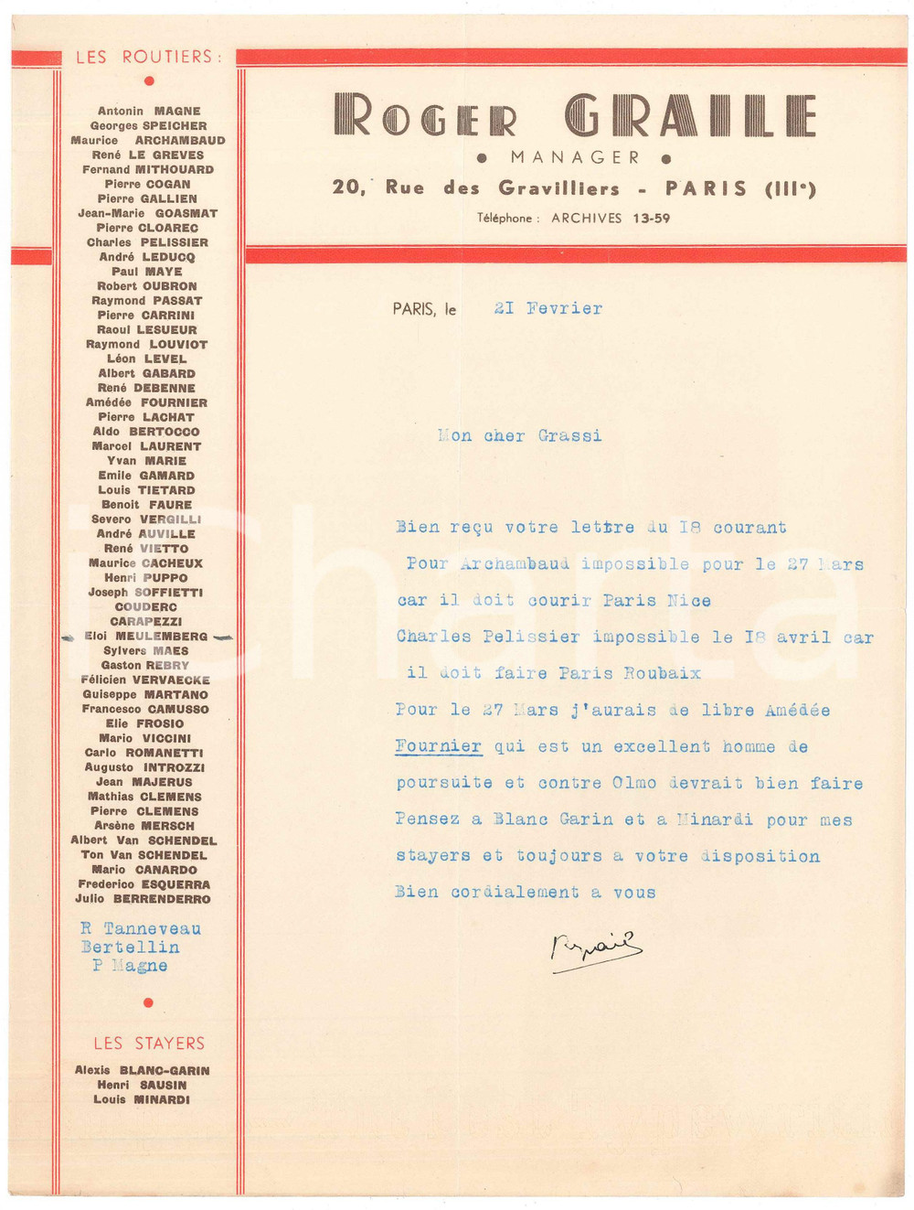 Autografo originale 1938 PARIS CICLISMO Roger GRAILE propone AmÃ©dÃ©e FOURNIER AUTOGRAFO 1