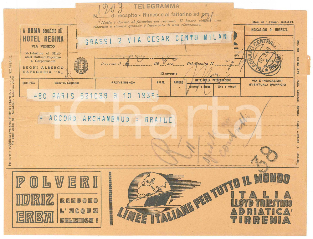 Documento originale, autentico 1935 PARIS CICLISMO Telegramma di Roger GRAILE per ingaggio Maurice ARCHAMBAUD 1