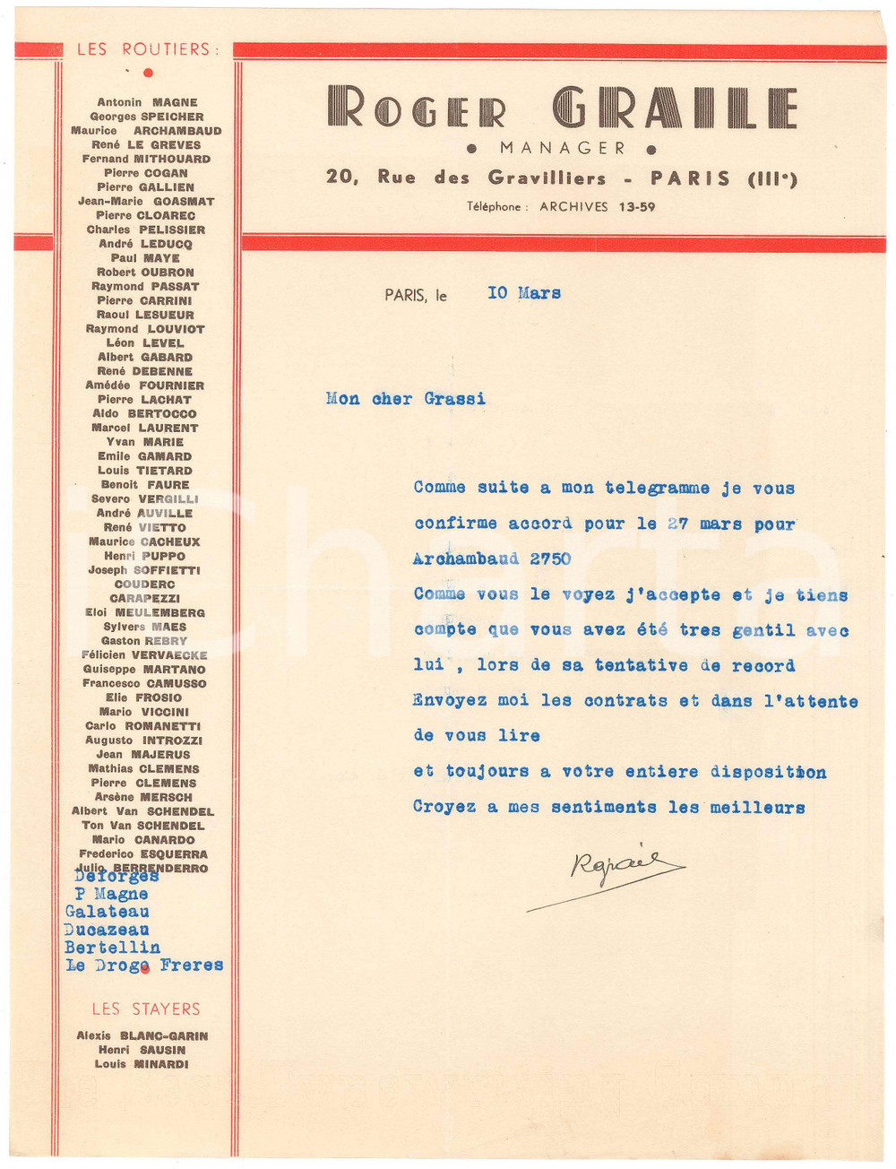 Autografo originale 1938 PARIS CICLISMO Roger GRAILE conferma Maurice ARCHAMBAUD AUTOGRAFO 1