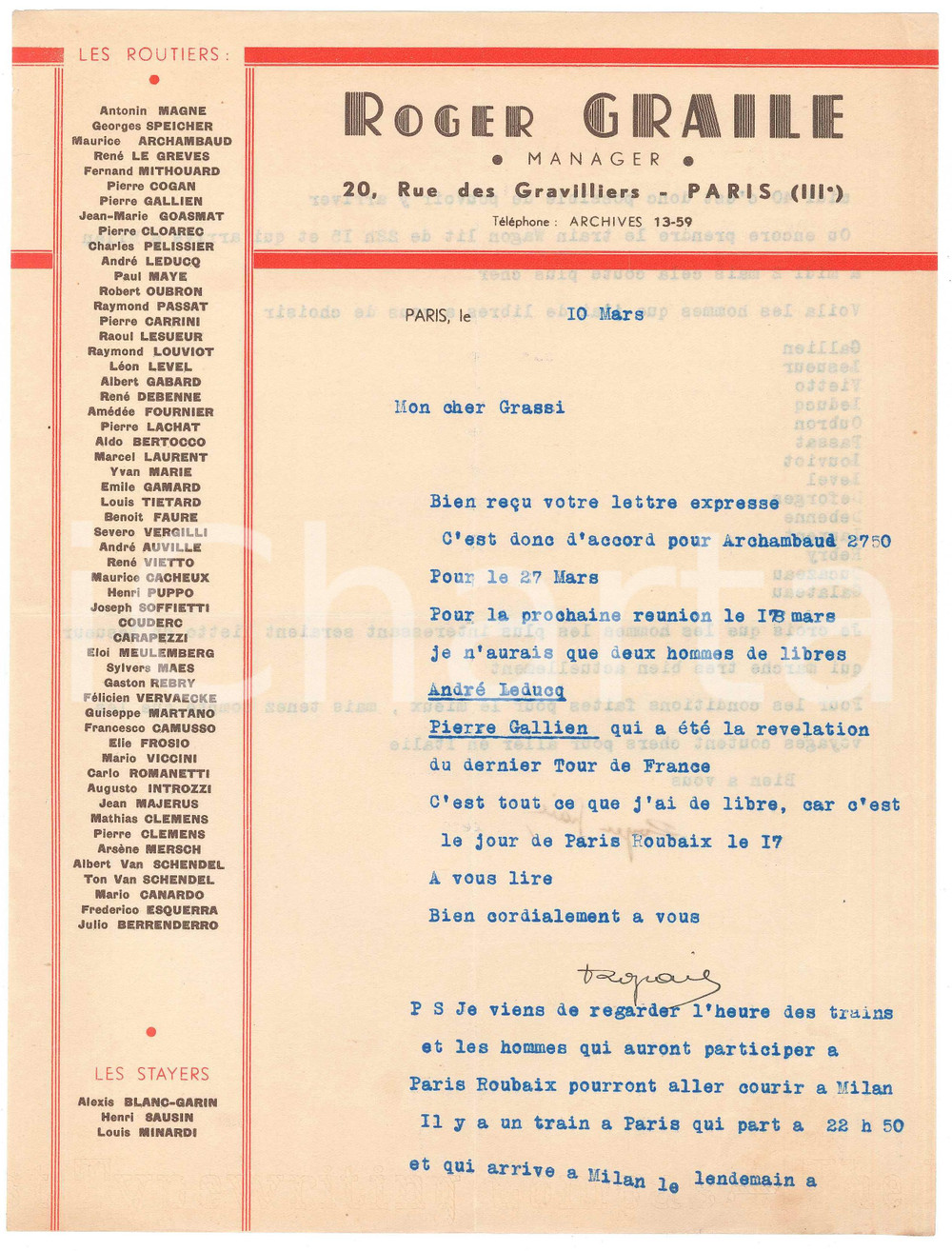 Autografo originale 1938 PARIS CICLISMO Roger GRAILE propone LEDUCQ e GALLIEN AUTOGRAFO 1