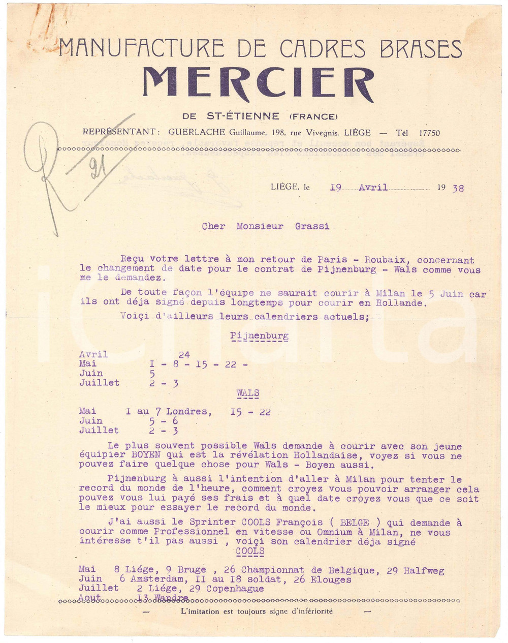 Autografo originale 1938 LIEGI CICLISMO Guillaume GUERLACHE su calendari PIJNENBURGWALS Autografo 1