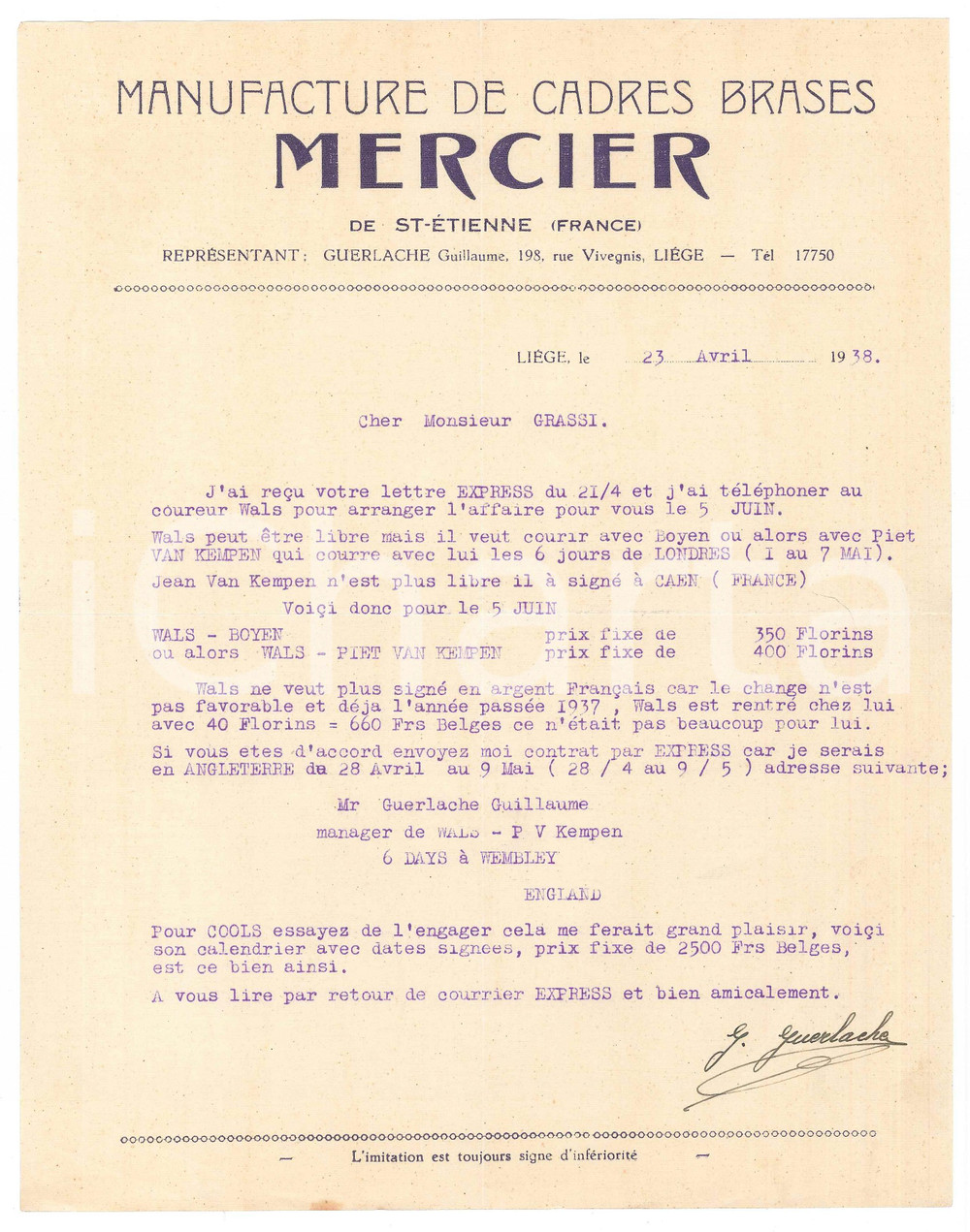 Autografo originale 1938 LIEGI CICLISMO Guillaume GUERLACHE su ingaggi COOLS   VAN KEMPEN 1