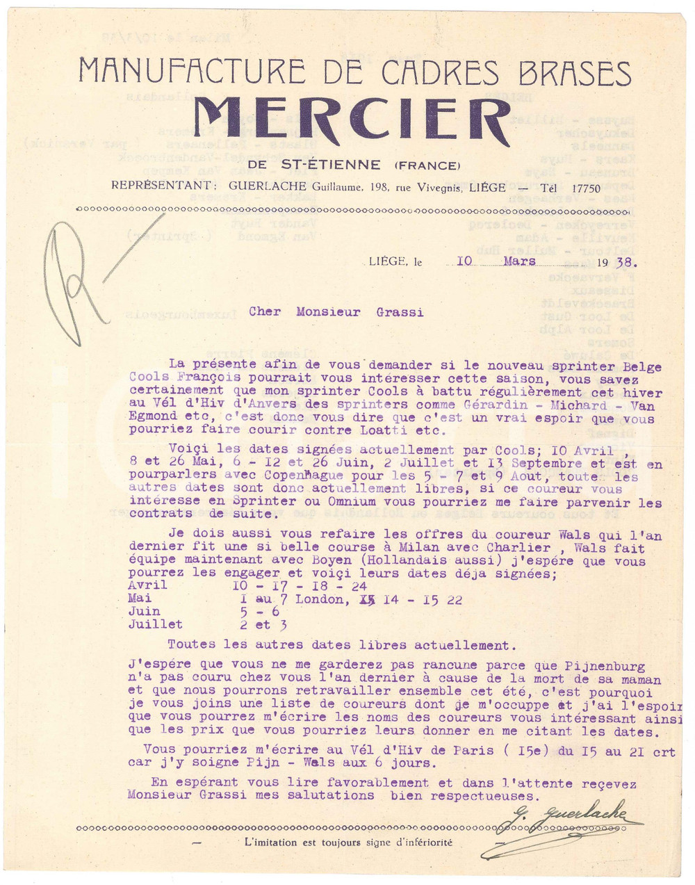 Autografo originale 1938 LIEGI CICLISMO Guillaume GUERLACHE propone FranÃ§ois COOLS  AUTOGRAFO 1