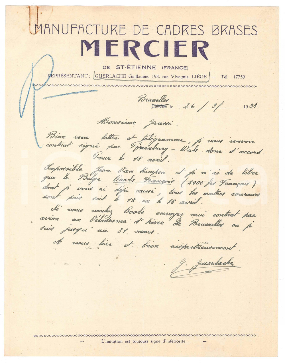 Autografo originale 1938 LIEGI CICLISMO Guillaume GUERLACHE su corridori disponibili  AUTOGRAFO 1