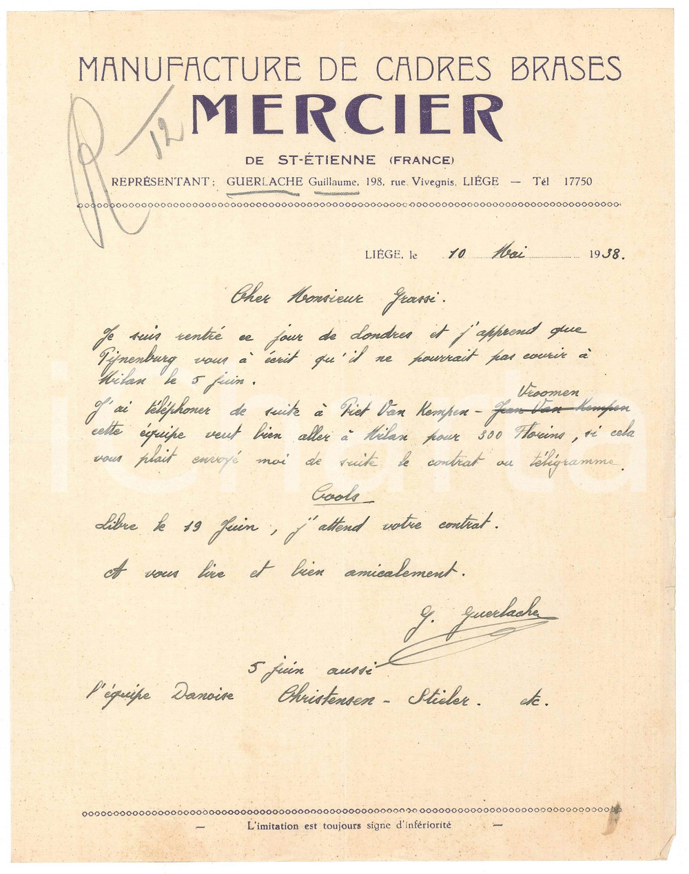 Autografo originale 1938 LIEGI CICLISMO Guillaume GUERLACHE su ciclisti disponibili  AUTOGRAFO 1