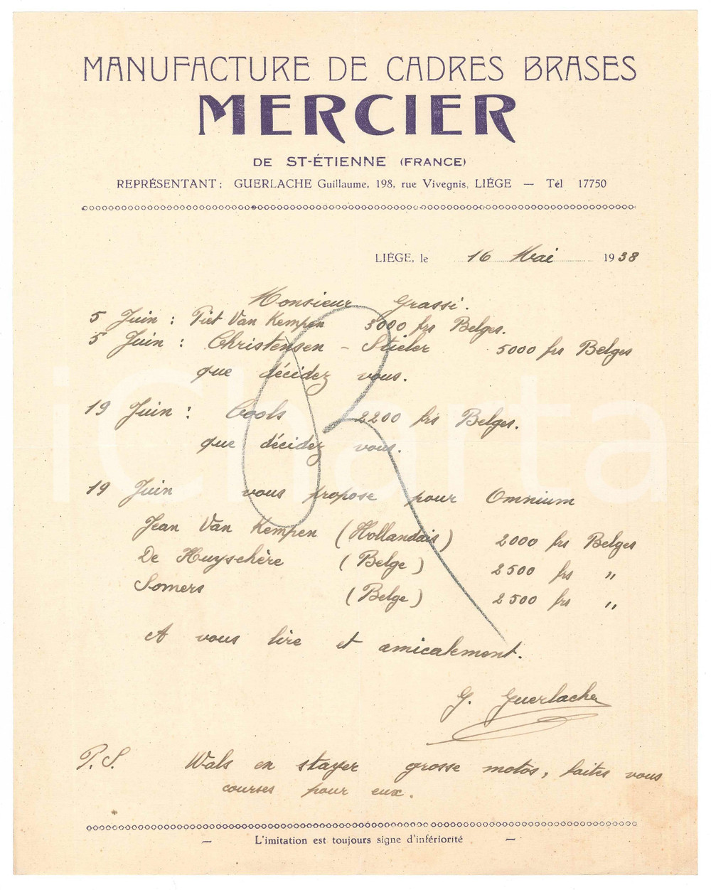 Autografo originale 1938 LIEGI CICLISMO Lettera Guillaume GUERLACHE su ingaggio ciclisti AUTOGRAFO 1