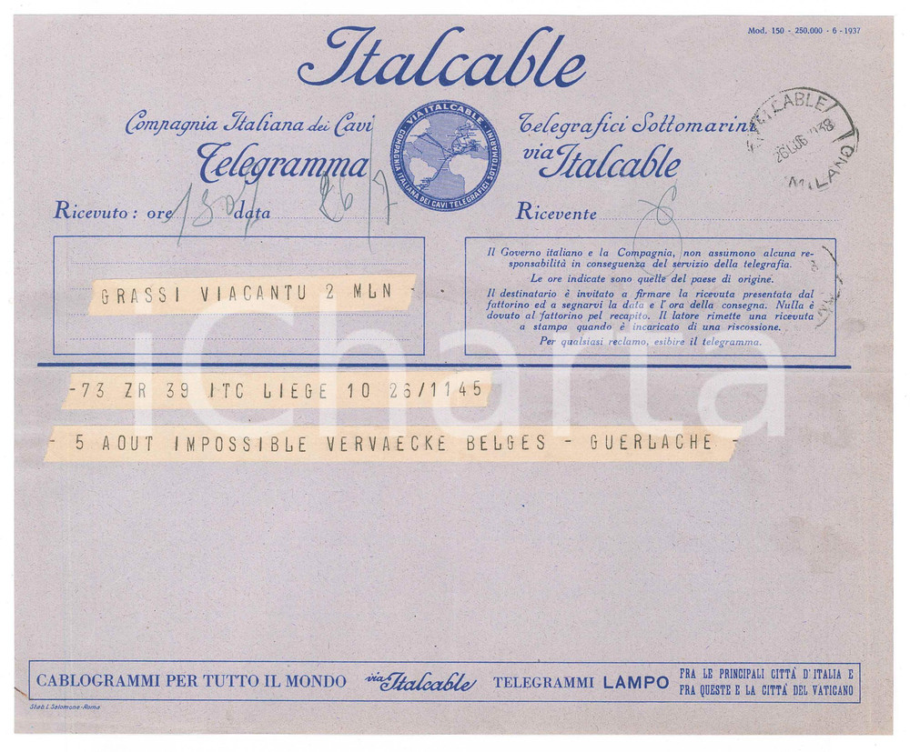 Documento originale, autentico 1938 LIEGE  CICLISMO Telegramma di Guillaume GUERLACHE per ingaggio ciclisti 3 1