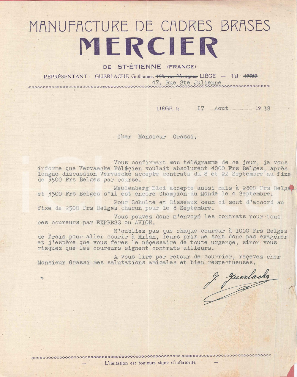 Autografo originale 1938 LIEGI CICLISMO Guillaume GUERLACHE per ingaggi richiesti in Italia 1