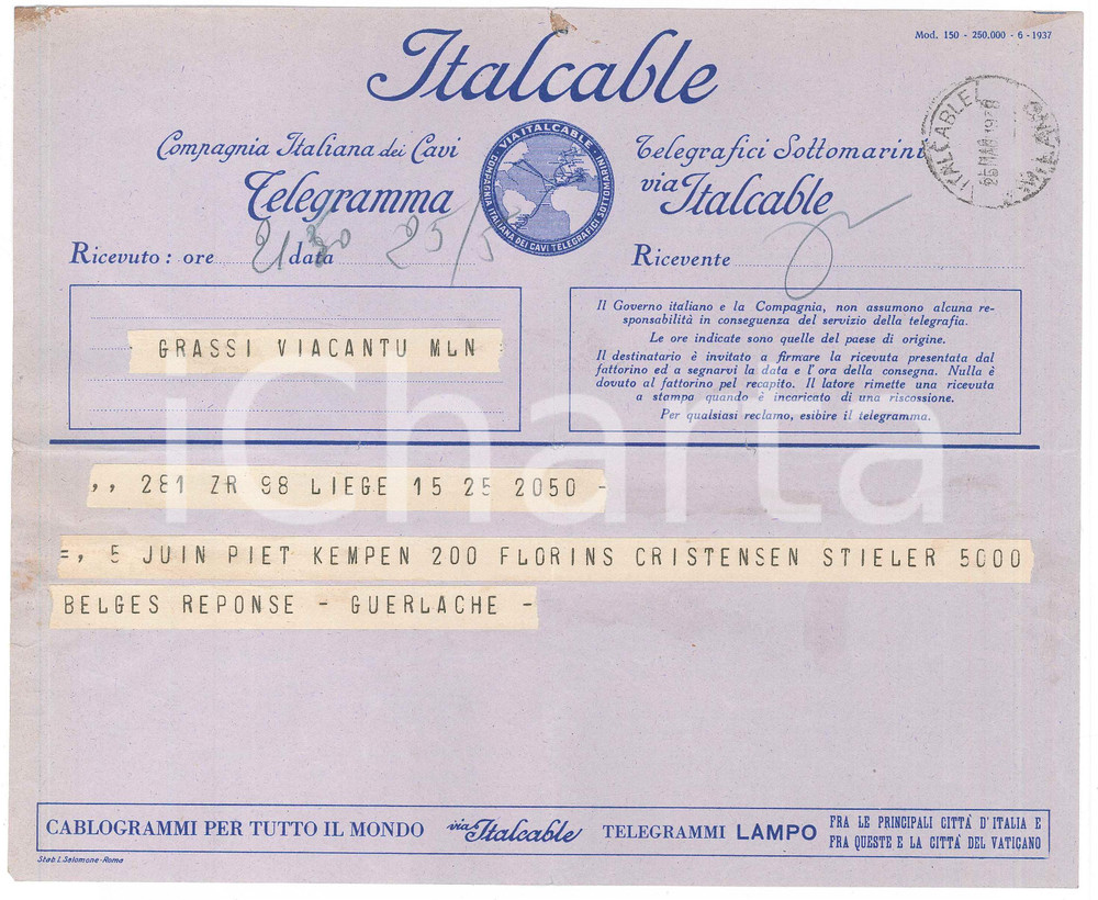 Documento originale, autentico 1938 LIEGE  CICLISMO Telegramma di Guillaume GUERLACHE per ingaggio ciclisti 1 1