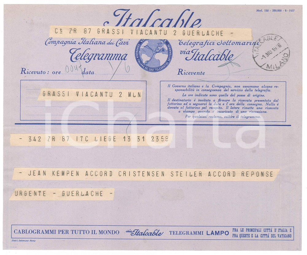 Documento originale, autentico 1938 LIEGE  CICLISMO Telegramma di Guillaume GUERLACHE ingaggio Jean VAN KEMPEN 1