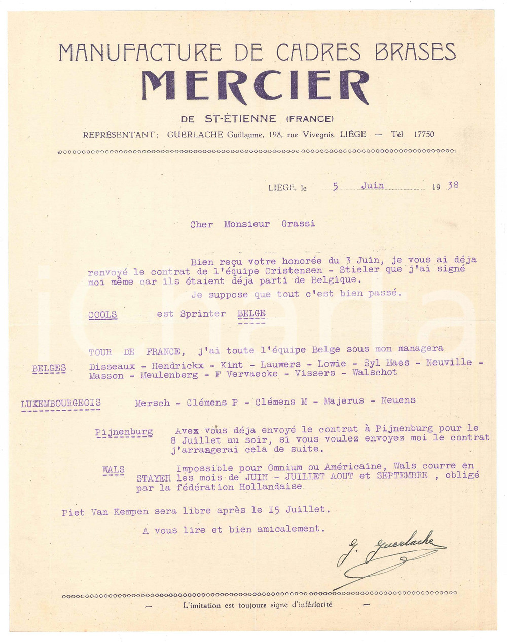 Autografo originale 1938 LIEGI CICLISMO Guillaume GUERLACHE manager al Tour de France  AUTOGRAFO 1