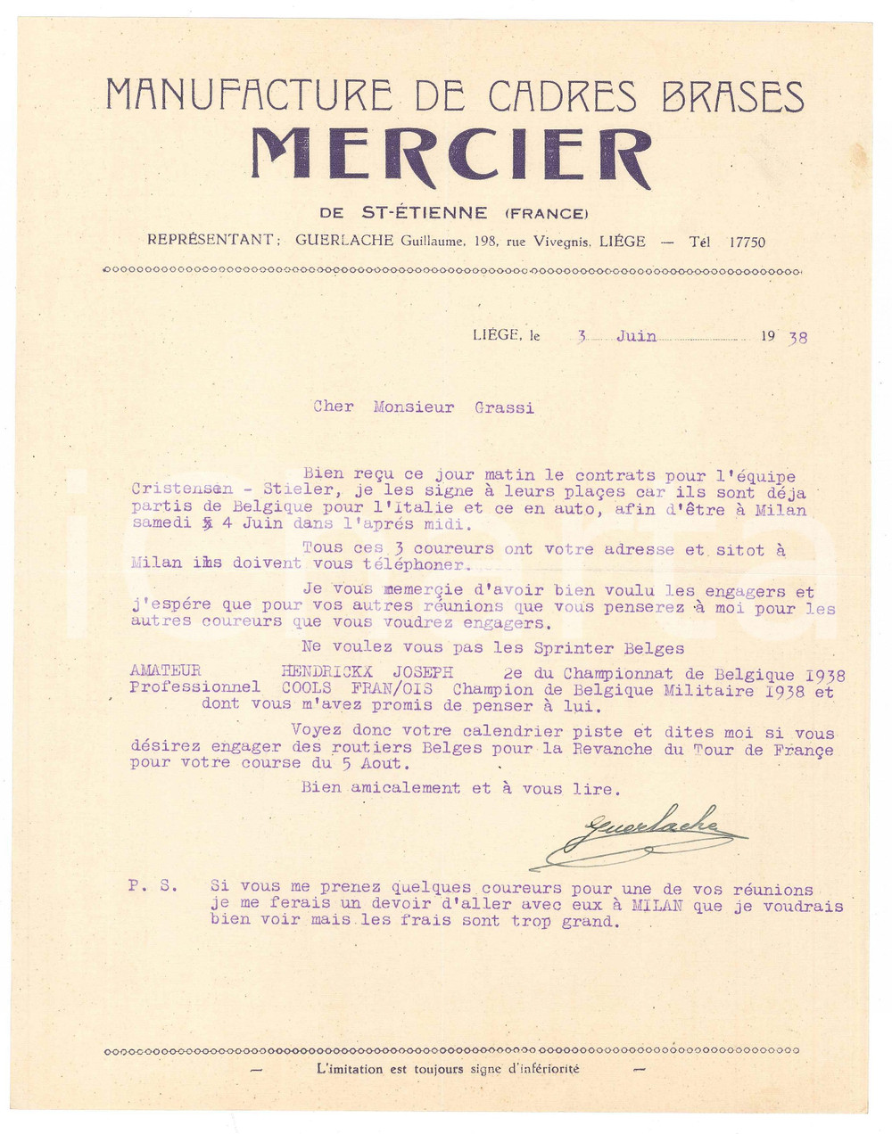 Autografo originale 1938 LIEGI CICLISMO Guillaume GUERLACHE propone sprinter belgi  AUTOGRAFO 1