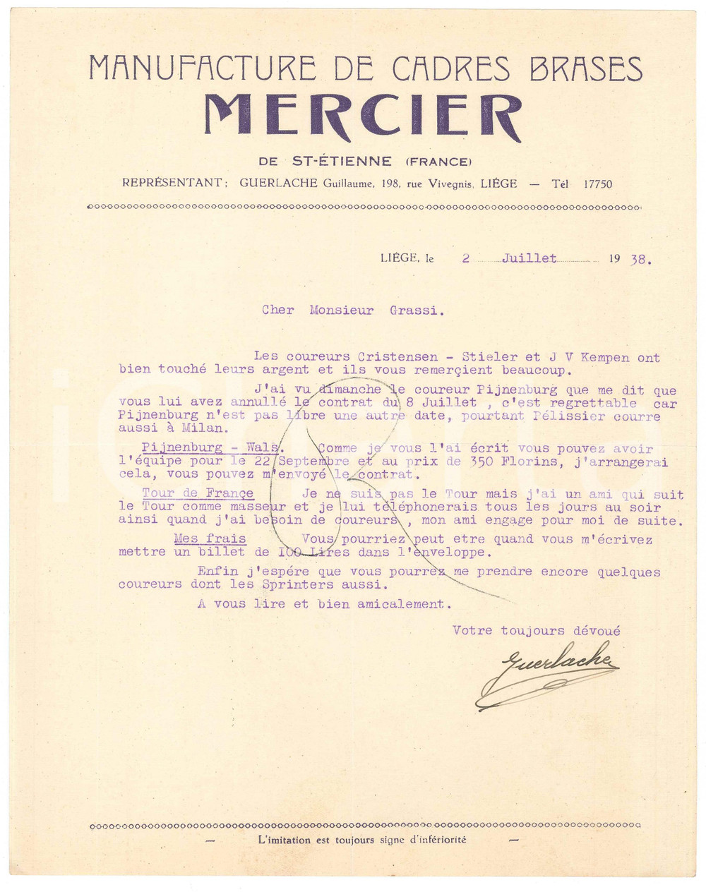 Autografo originale 1938 LIEGI CICLISMO Guillaume GUERLACHE su contratto PIJNENBURG  AUTOGRAFO 1