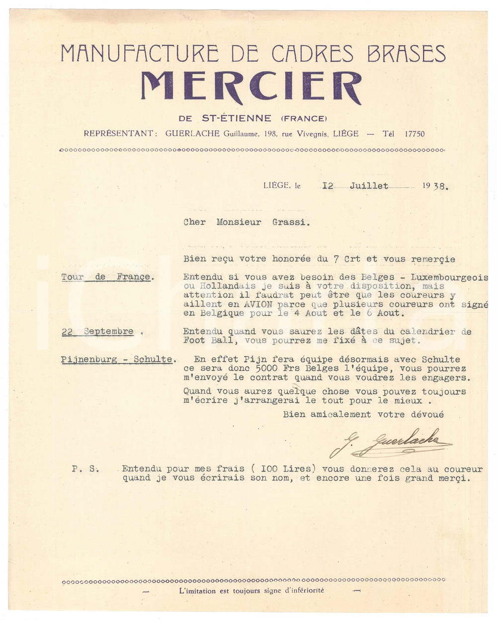 Autografo originale 1938 LIEGI CICLISMO Guillaume GUERLACHE chiede aereo per i ciclisti  AUTOGRAFO 1