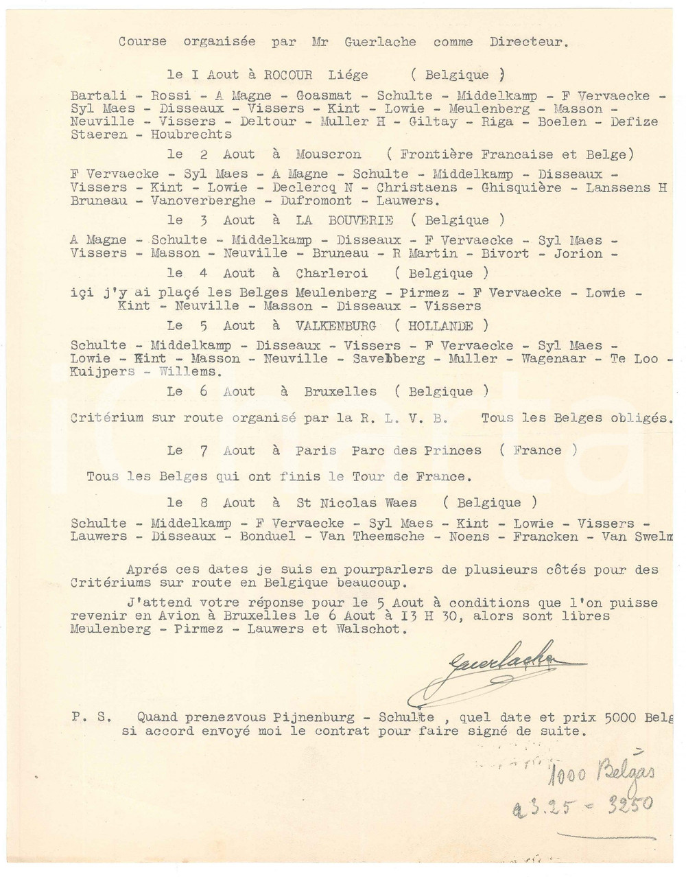 Autografo originale 1938 LIEGI CICLISMO Guillaume GUERLACHE  Corridori per gare di agosto AUTOGRAFO 1