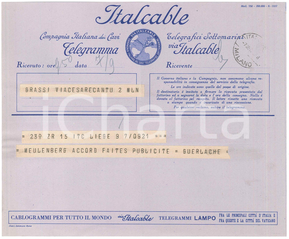 Documento originale, autentico 1938 LIEGE  CICLISMO Telegramma di Guillaume GUERLACHE per ingaggio ciclisti 4 1