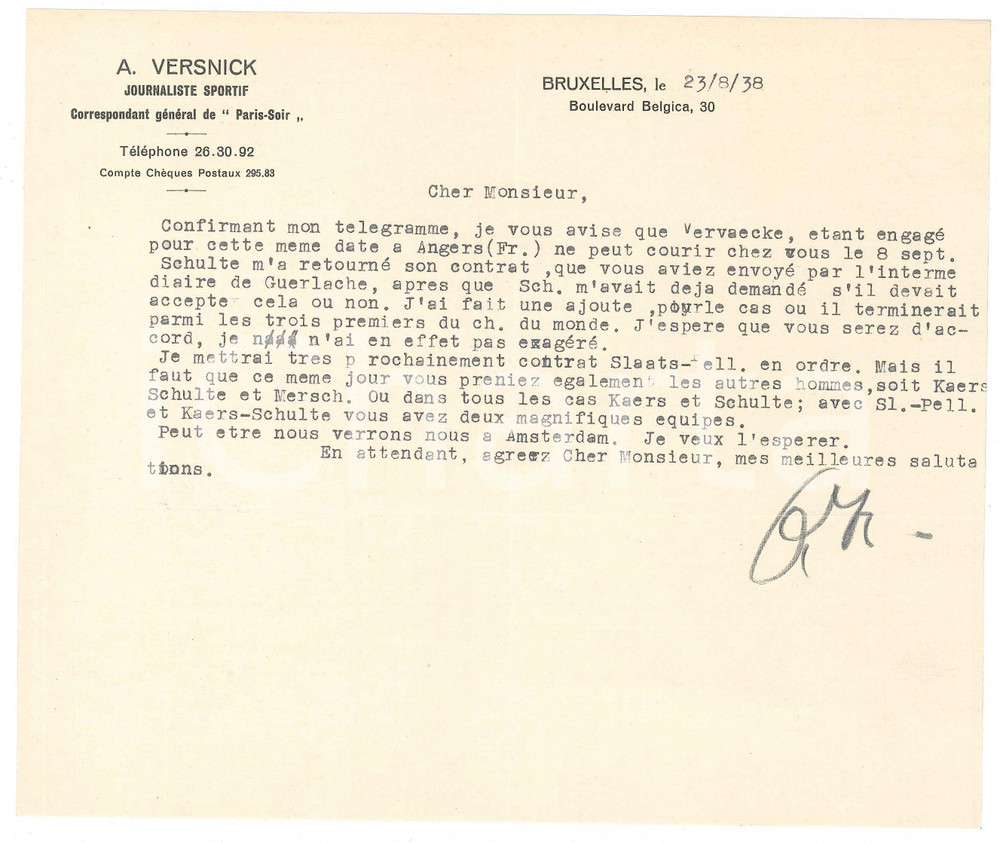 Autografo originale 1938 BRUXELLES CICLISMO Lettera A. VERSNICK su ingaggio corridori  AUTOGRAFO 1