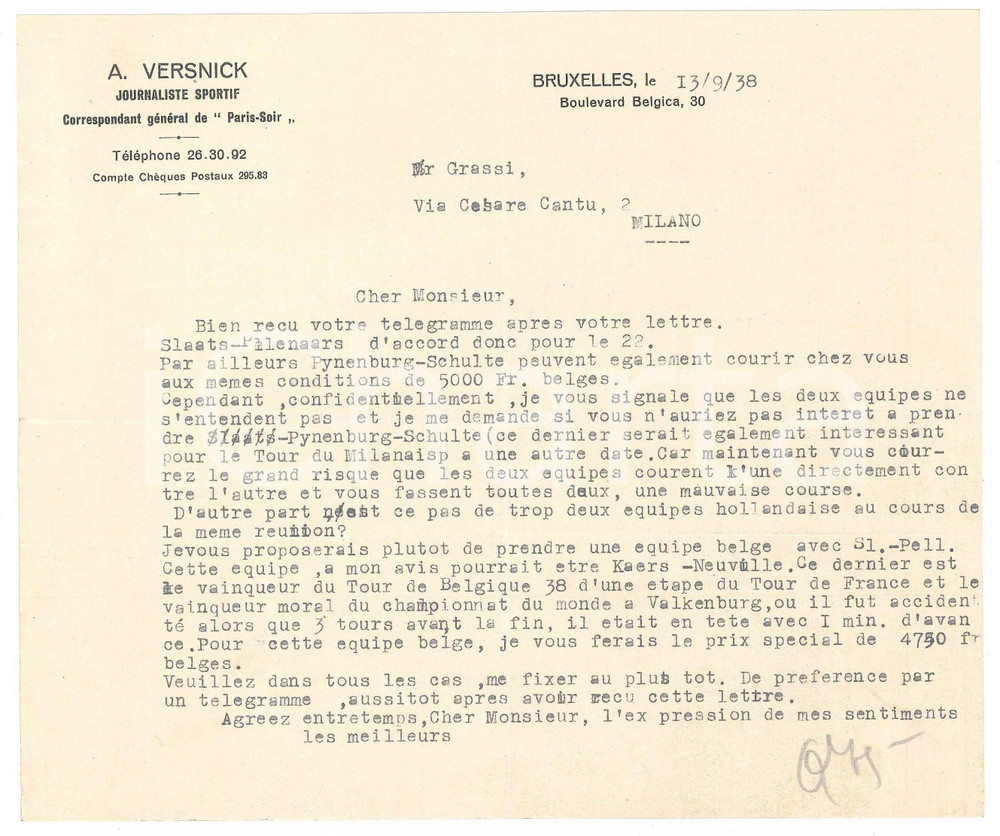 Autografo originale 1938 BRUXELLES CICLISMO A. VERSNICK su ciclisti in competizione AUTOGRAFO 1