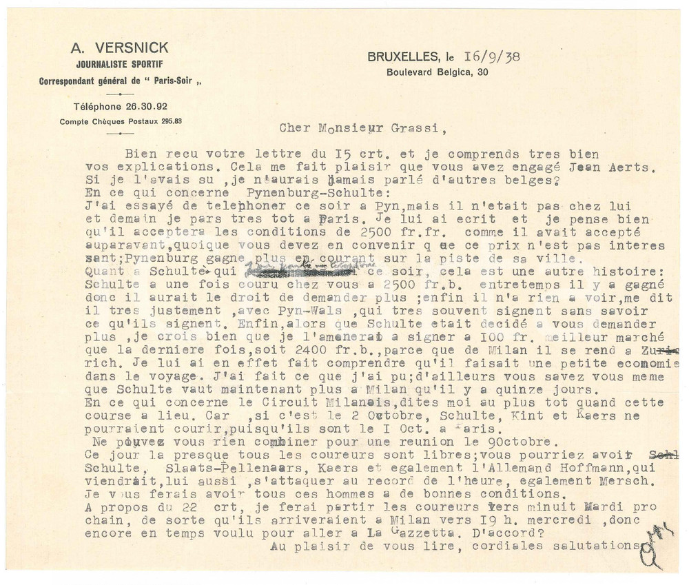 Autografo originale 1938 BRUXELLES CICLISMO A. VERSNICK su ingaggi SCHULTE e PYNENBURG AUTOGRAFO 1