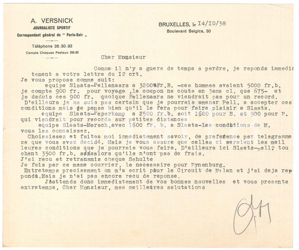 Autografo originale 1938 BRUXELLES CICLISMO A. VERSNICK propone SLAATS  PELLENAARS  PEPERKAMP 1