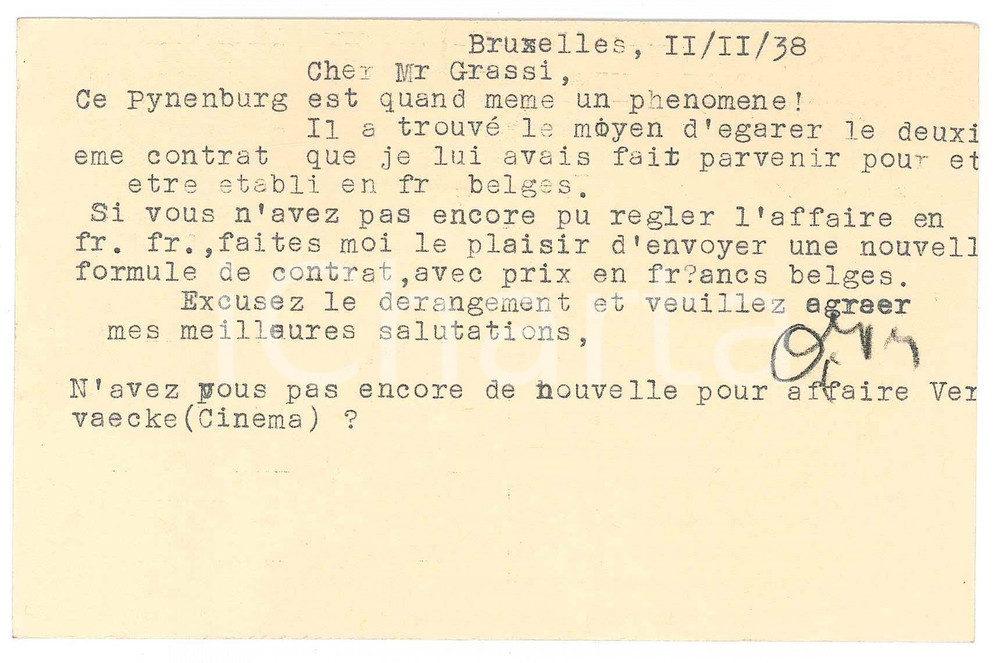 Autografo originale 1938 BRUXELLES CICLISMO A. VERSNICK su contratto di Jan PYNENBURG AUTOGRAFO 1