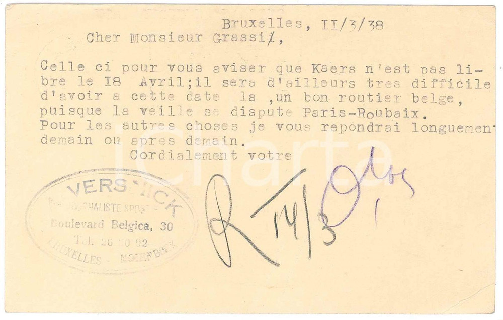 Autografo originale 1938 BRUXELLES CICLISMO A. VERSNICK non ha corridori disponibili AUTOGRAFO 1
