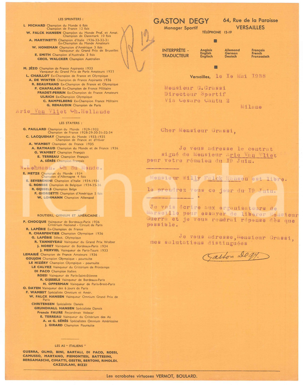 Autografo originale 1938 CICLISMO VERSAILLES Lettera Gaston DEGY per invio contratto Autografo 1