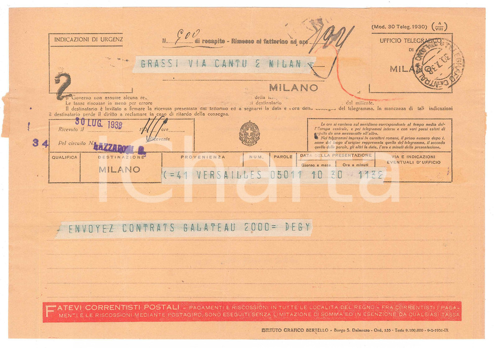 Documento originale, autentico 1938 CICLISMO VERSAILLES Telegramma Gaston DEGY su invio contratto 1