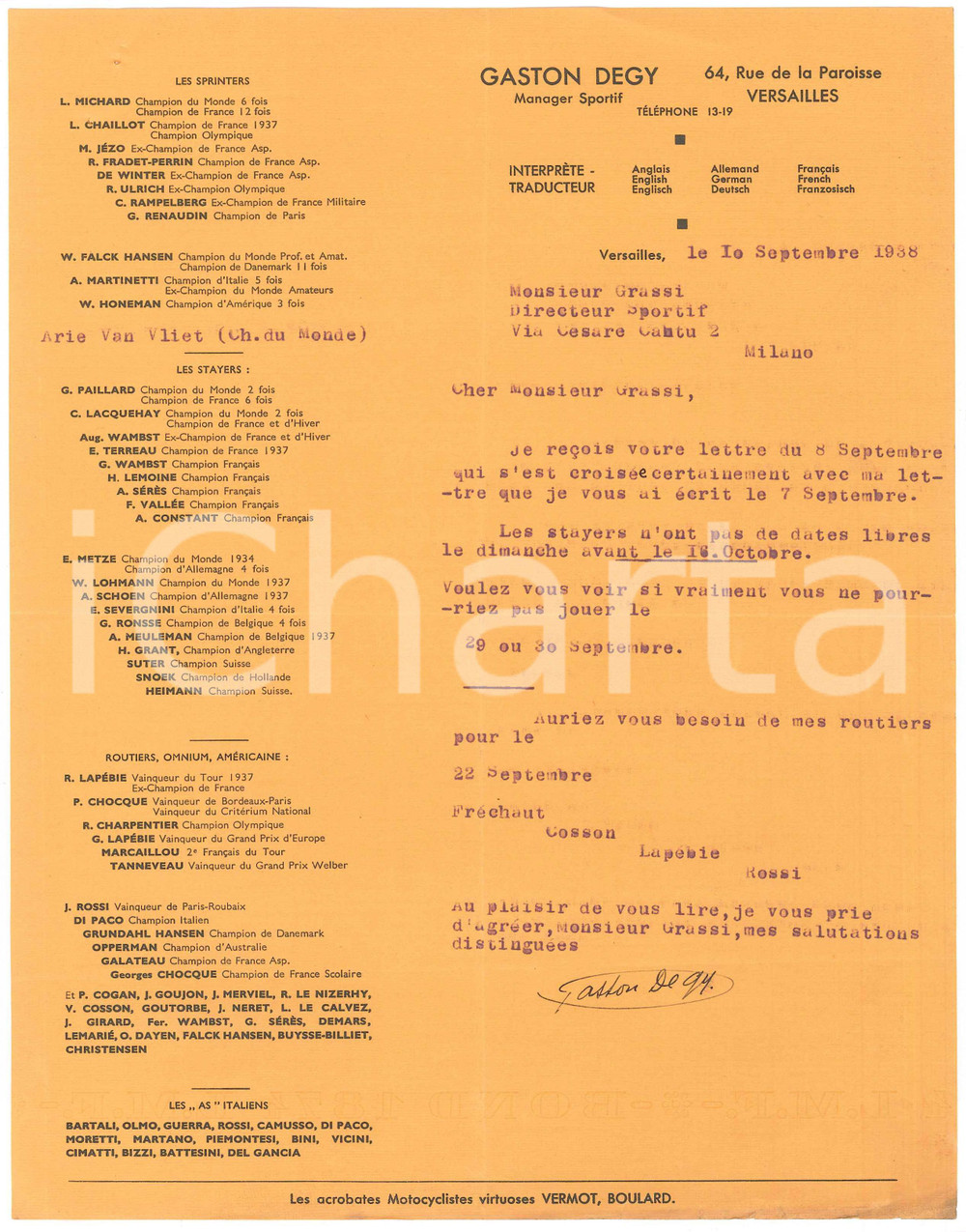 Autografo originale 1938 CICLISMO VERSAILLES Gaston DEGY  Lettera per data gara AUTOGRAFO 1