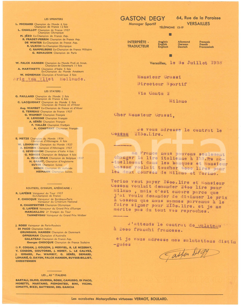 Autografo originale 1938 CICLISMO VERSAILLES Gaston DEGY su valuta ingaggio  AUTOGRAFO 1