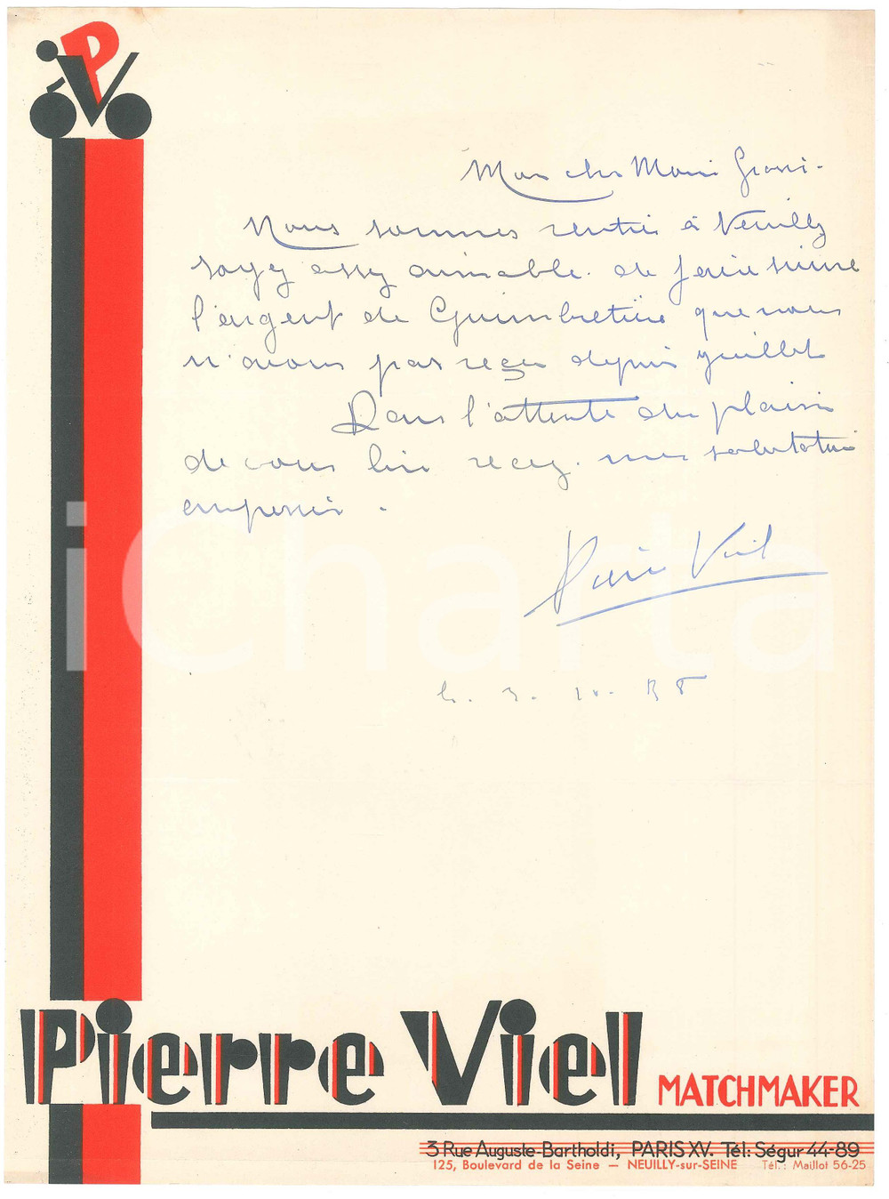 Autografo originale 1938 PARIS CICLISMO Pierre VIEL chiede saldo per Marcel GUIMBRETIERE Autografo 1