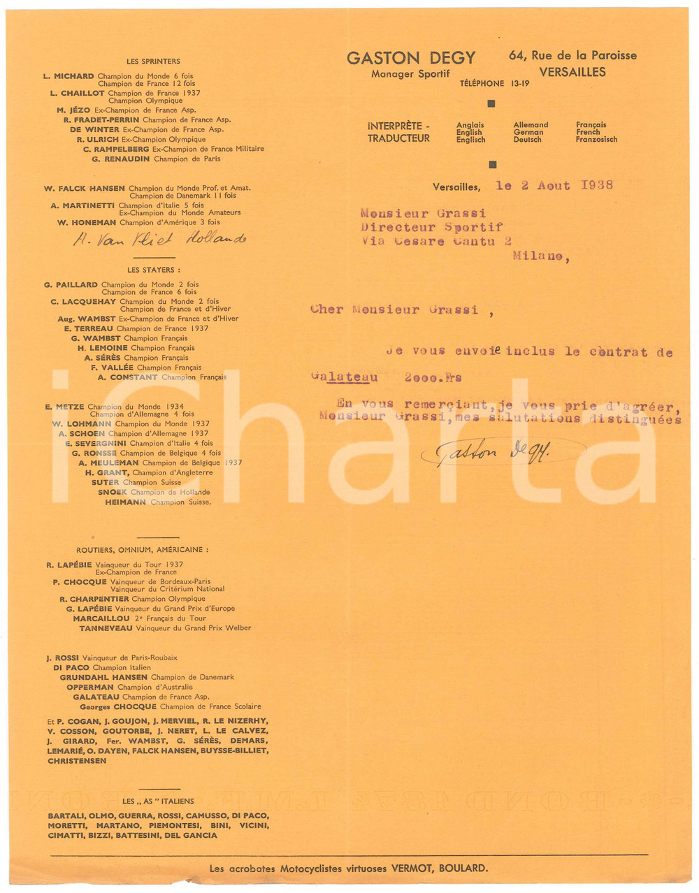 Autografo originale 1938 CICLISMO VERSAILLES Gaston DEGY invia contratto Fabien GALATEAU  AUTOGRAFO 1