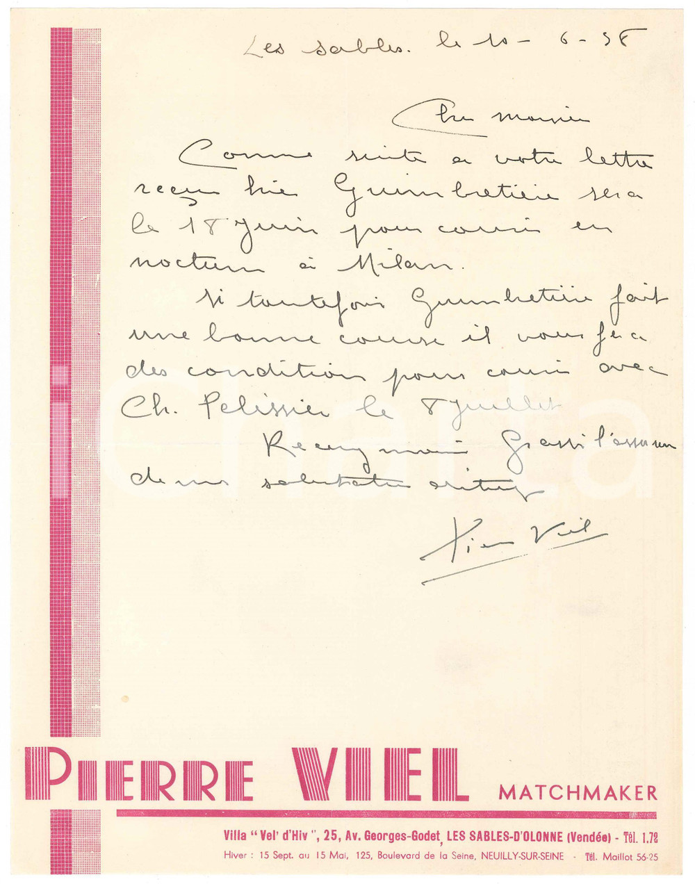 Autografo originale 1938 LES SABLESD OLONNE CICLISMO Pierre VIEL su Marcel GUIMBRETIERE a Milano 1