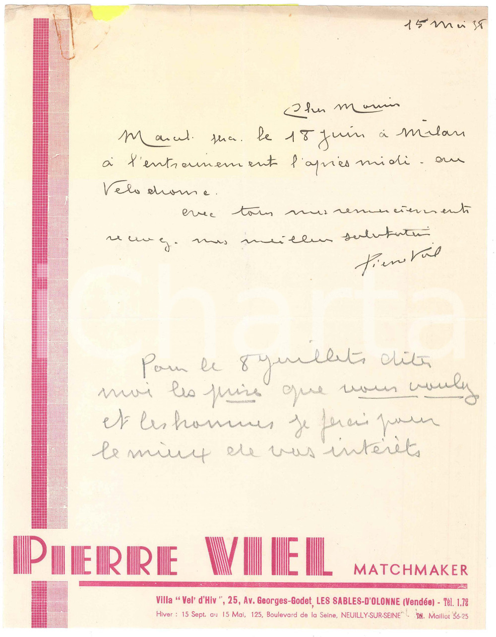 Autografo originale 1938 LES SABLESD OLONNE CICLISMO Pierre VIEL su Marcel GUIMBRETIERE in gara 1