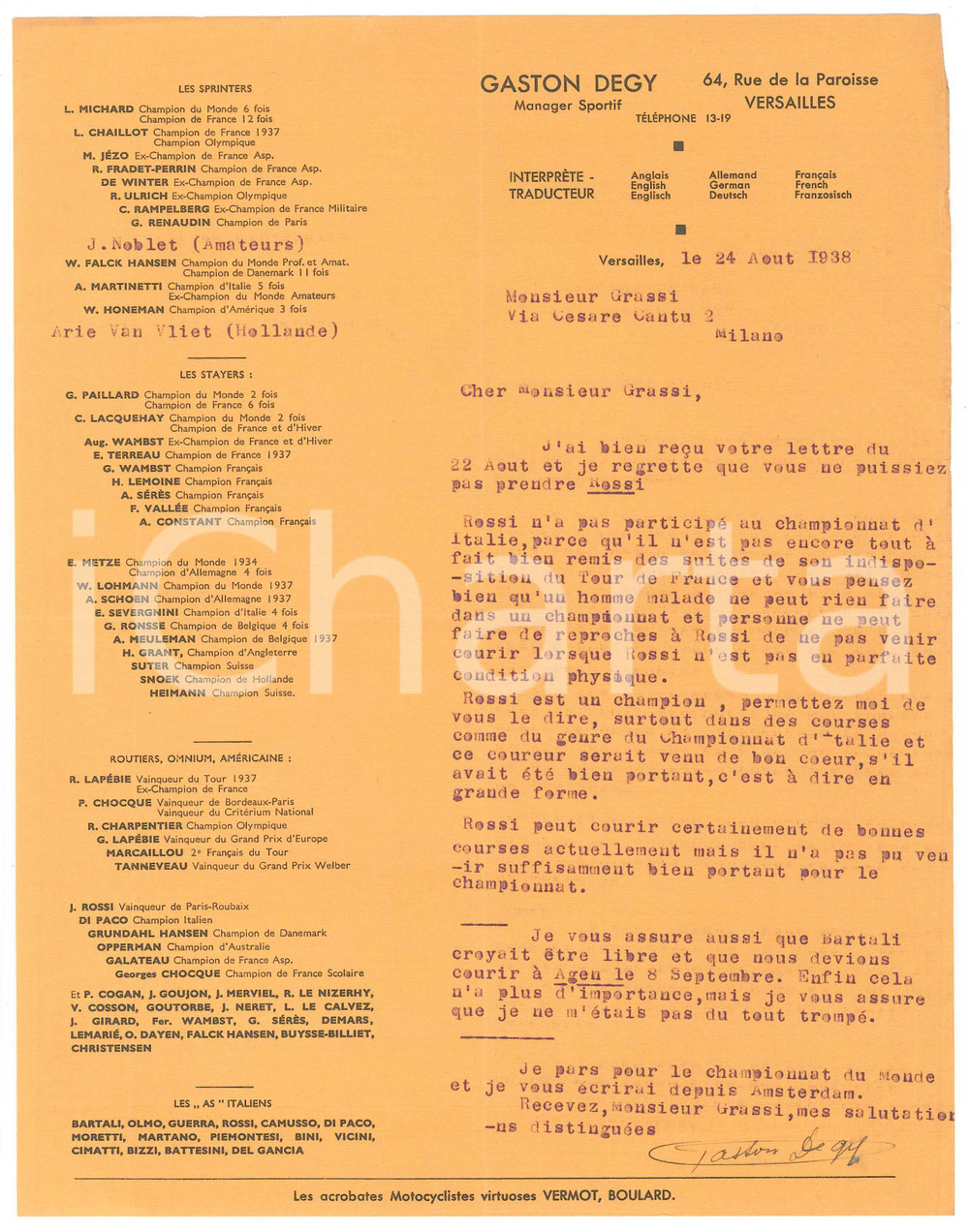 Autografo originale 1938 CICLISMO VERSAILLES Gaston DEGY  Jules ROSSI campione indisposto AUTOGRAFO 1