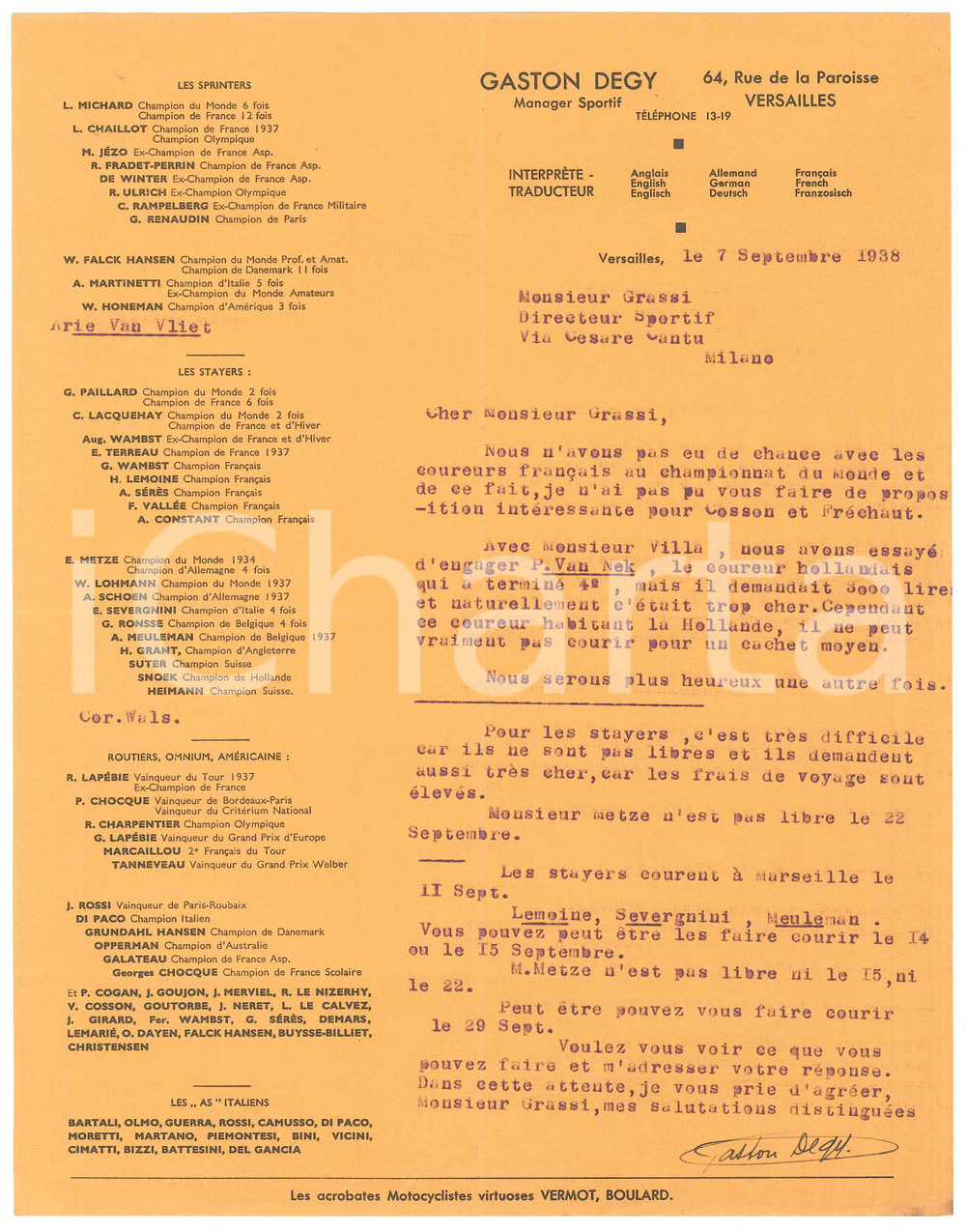 Autografo originale 1938 CICLISMO VERSAILLES Gaston DEGY  Ingaggio Piet VAN NEK AUTOGRAFO 1