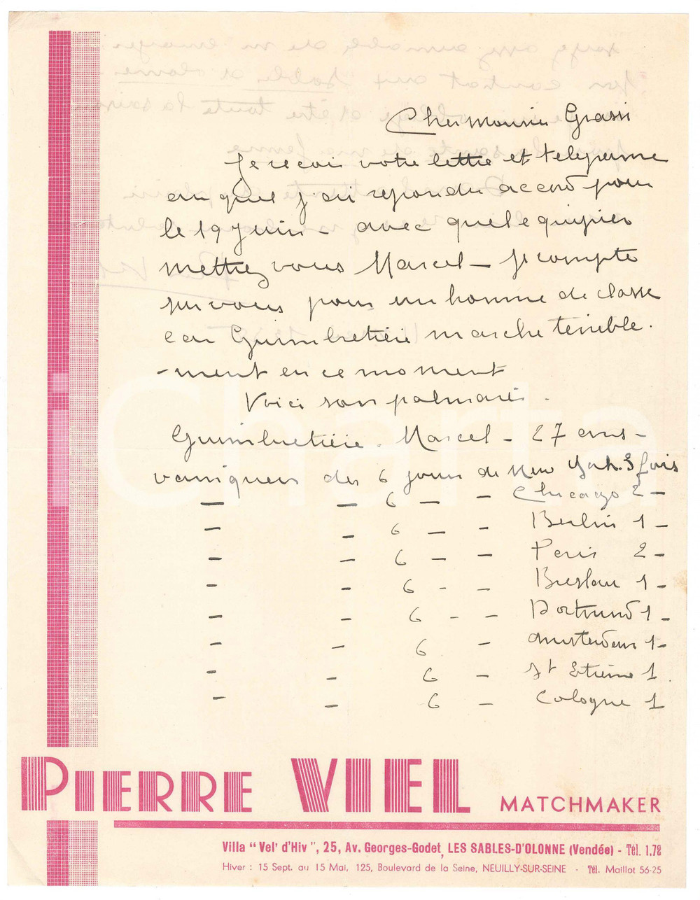 Autografo originale 1938 LES SABLESD OLONNE CICLISMO Pierre VIEL su Marcel GUIMBRETIERE AUTOGRAFO 1