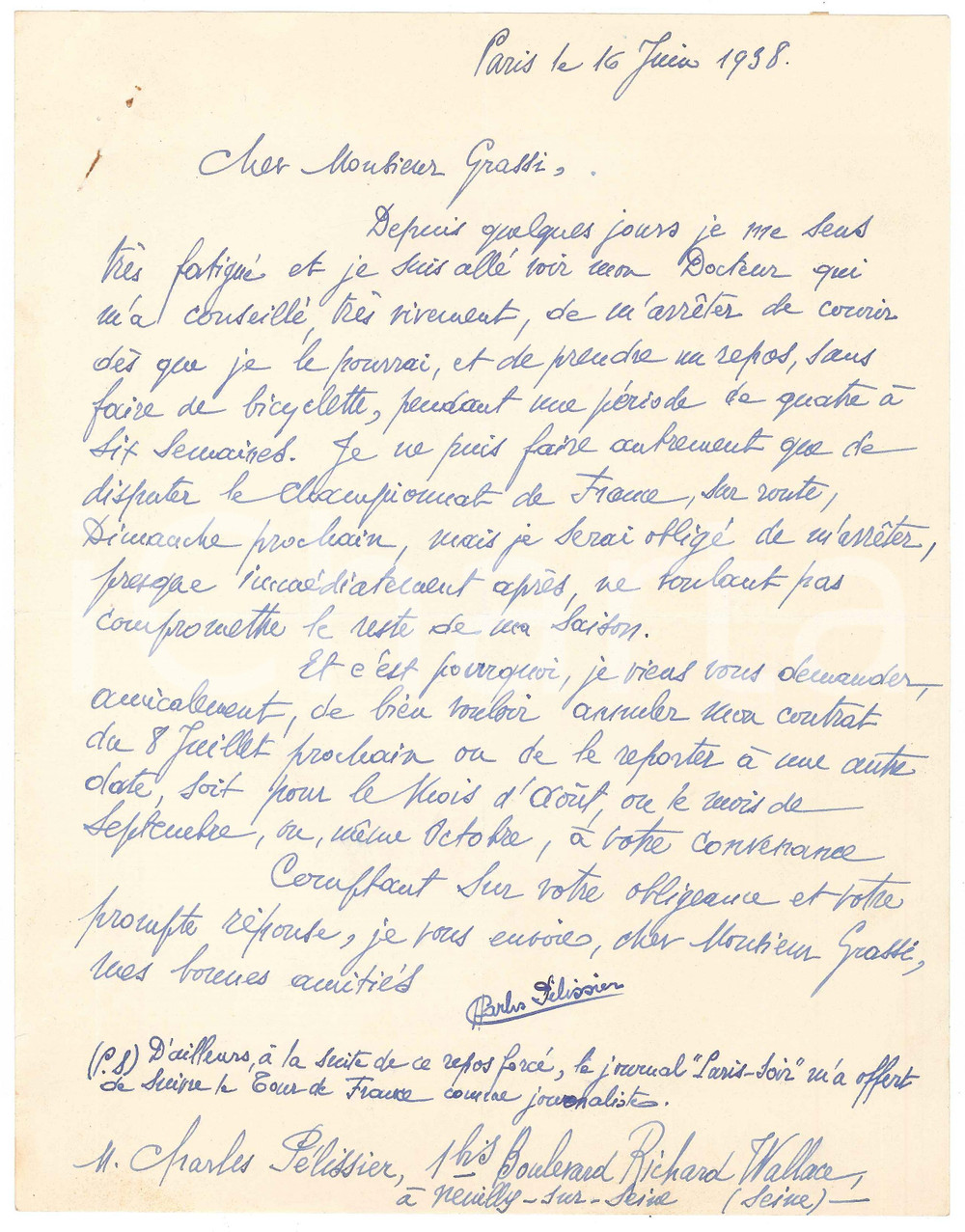 Autografo originale 1938 PARIS CICLISMO Charles PELISSIER necessita di riposo AUTOGRAFO 1