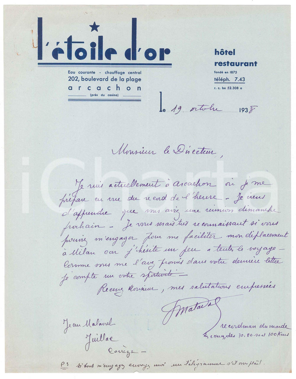 Autografo originale 1938 ARCACHON CICLISMO Jean MALAVAL si prepara al record dell ora AUTOGRAFO 1