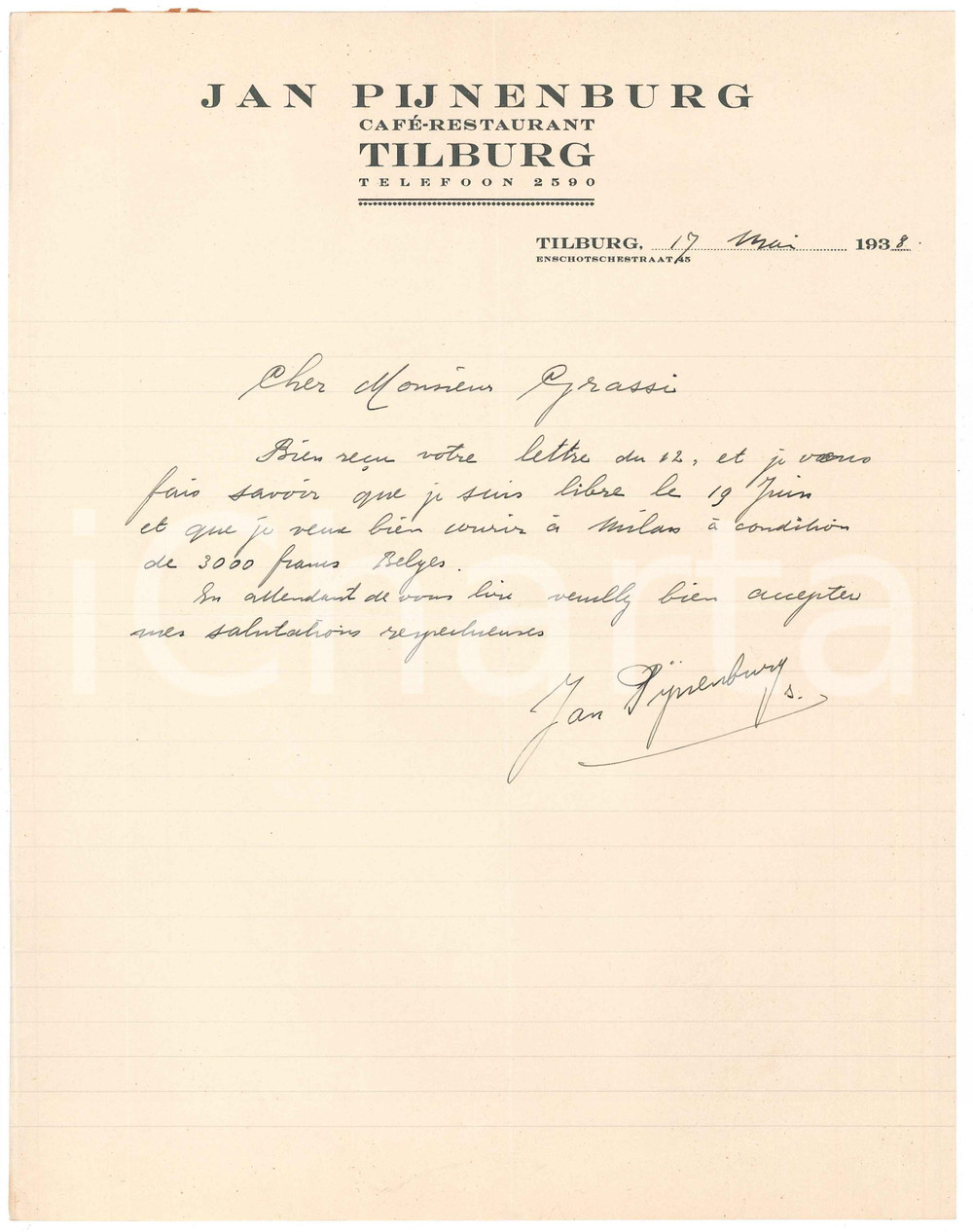 Autografo originale 1938 TILBURG CICLISMO Jan PIJNENBURG libero per gara a Milano AUTOGRAFO 1
