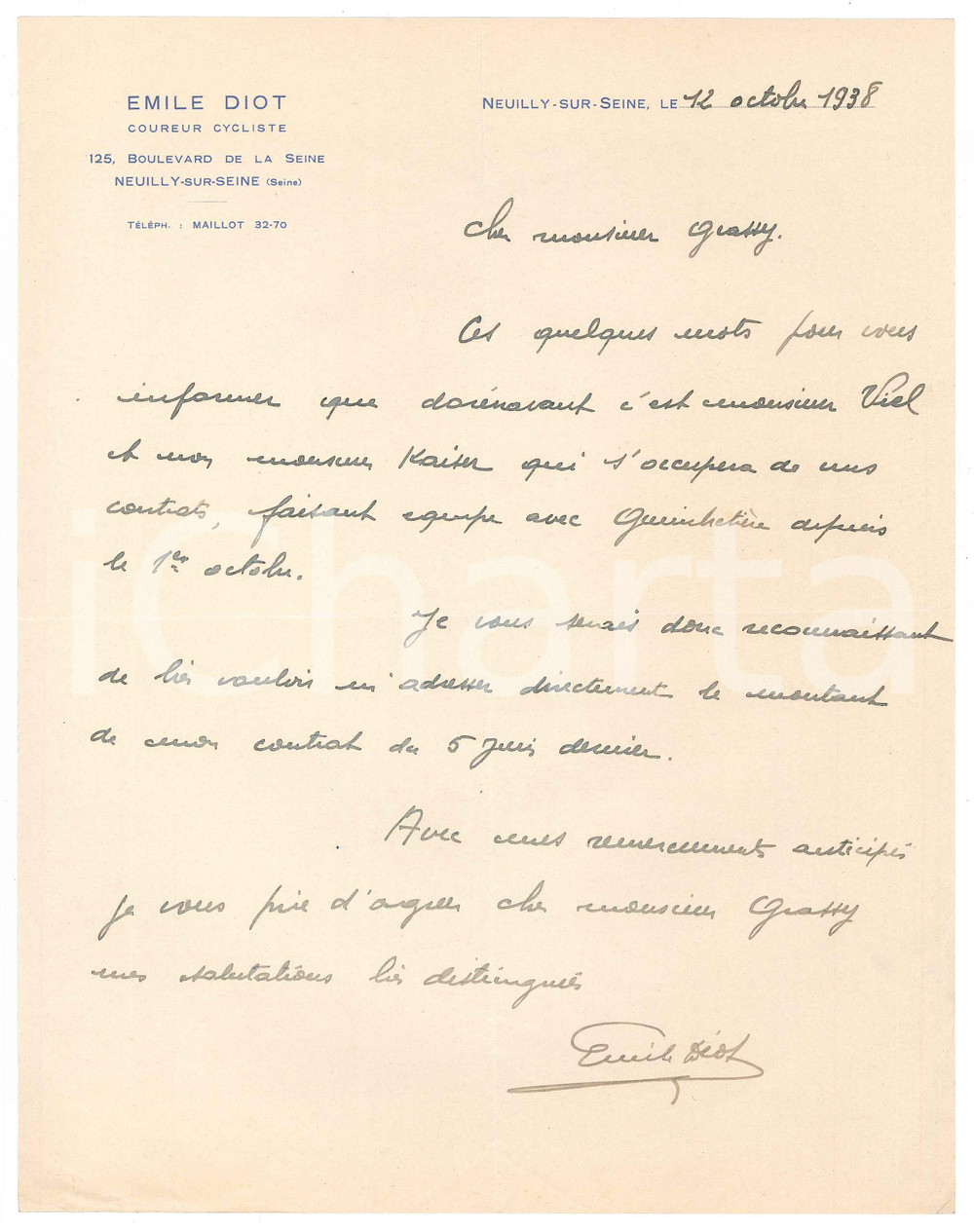 Autografo originale 1938 CICLISMO NEUILLYSURSEINE Emile DIOT sui manager VIEL e KAISER AUTOGRAFO 1