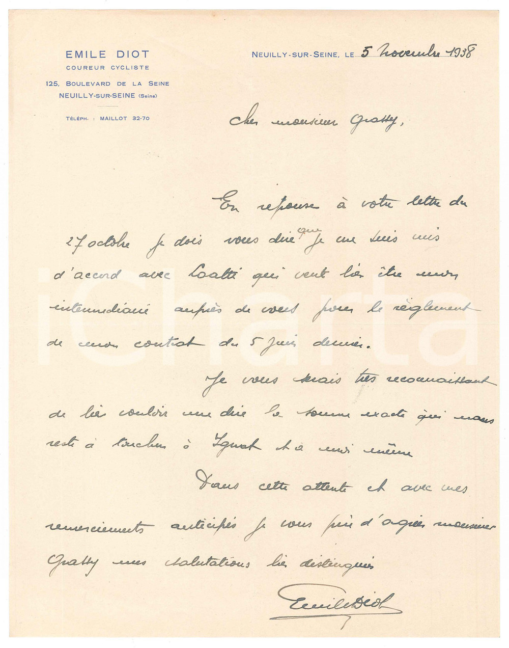 Autografo originale 1938 CICLISMO NEUILLYSURSEINE Emile DIOT nomina LOATTI intermediario AUTOGRAFO 1